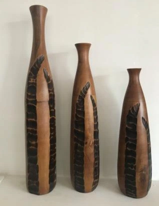 Wooden Bottle Long Neck Leaf Dgn 5x24